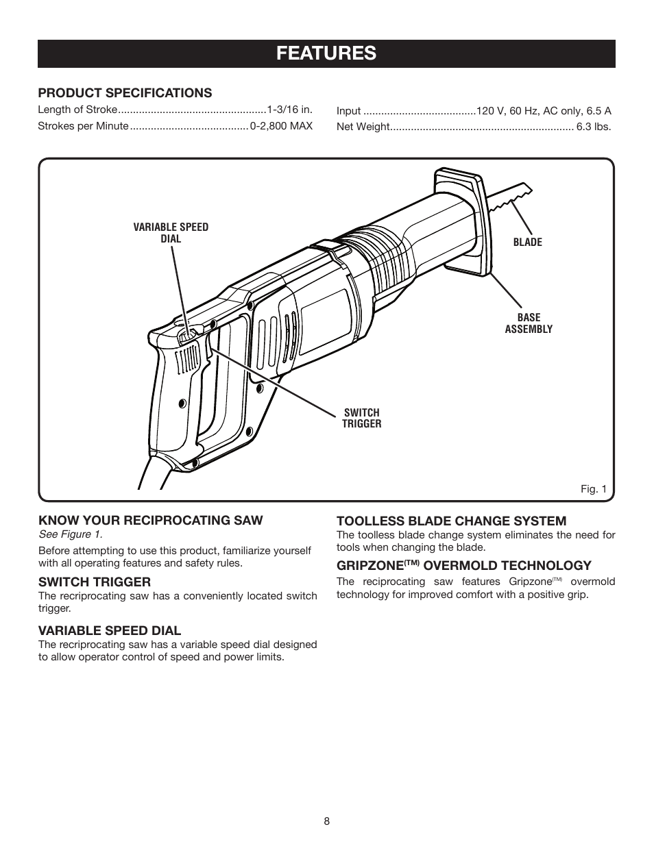 Features | Ryobi RJ162VK User Manual | Page 8 / 14
