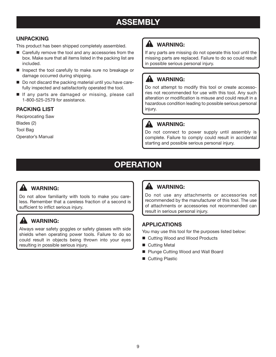 Assembly, Operation | Ryobi RJ162VK User Manual | Page 9 / 14