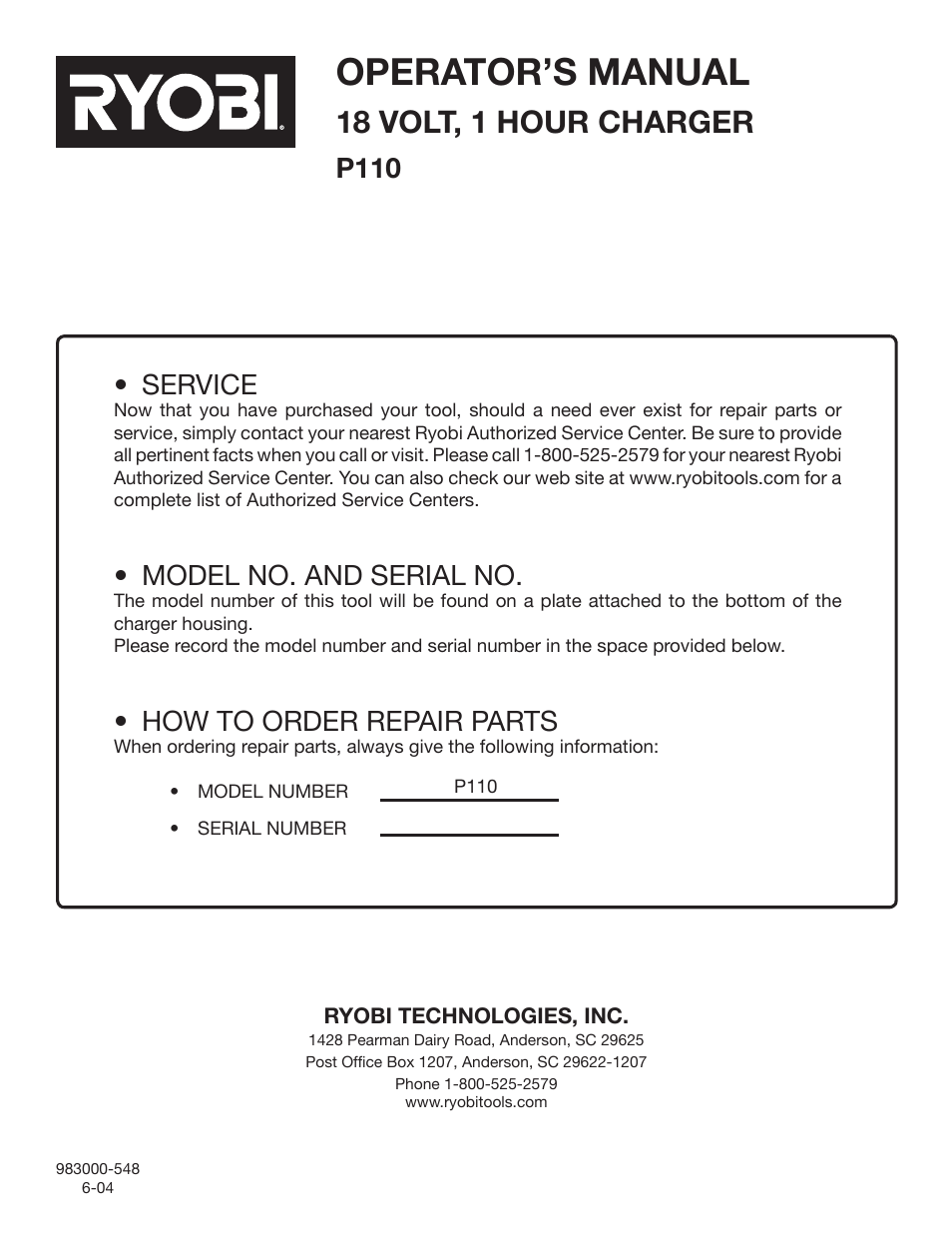 Operator’s manual, 18 volt, 1 hour charger, Service | Model no. and serial no, How to order repair parts, P110 | Ryobi P110 User Manual | Page 10 / 10