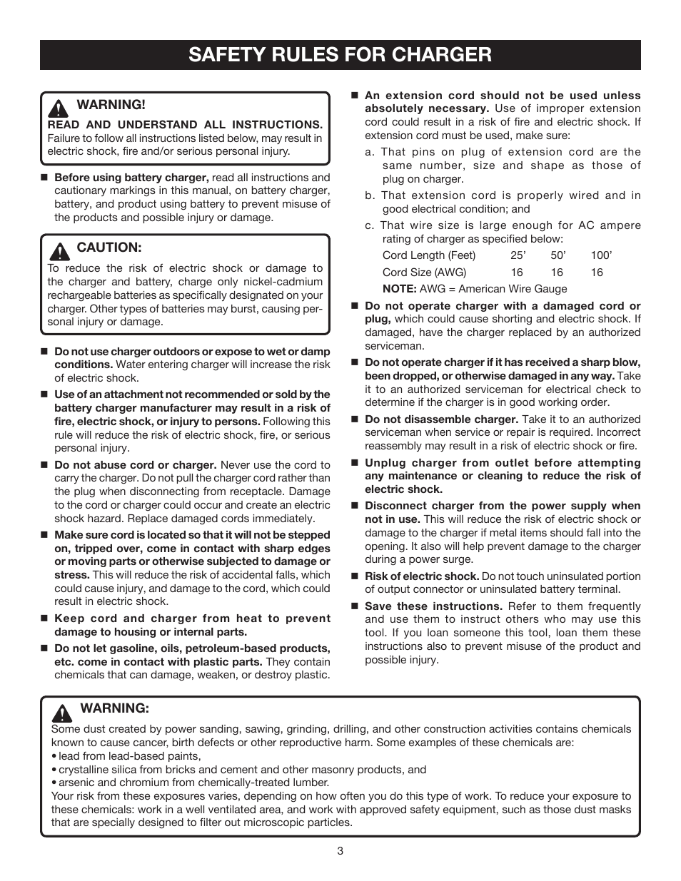 Safety rules for charger | Ryobi P110 User Manual | Page 3 / 10