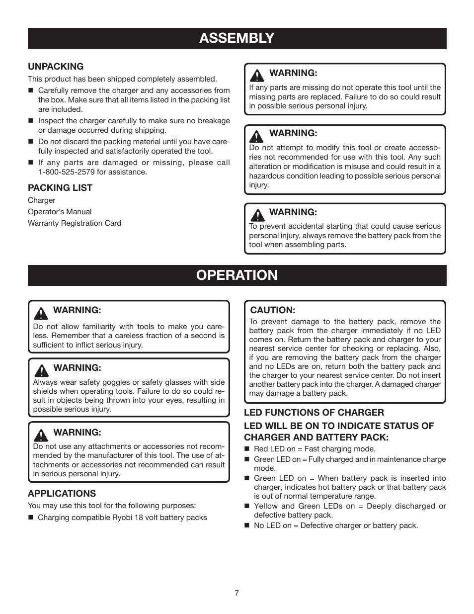 Assembly, Operation | Ryobi P110 User Manual | Page 7 / 10