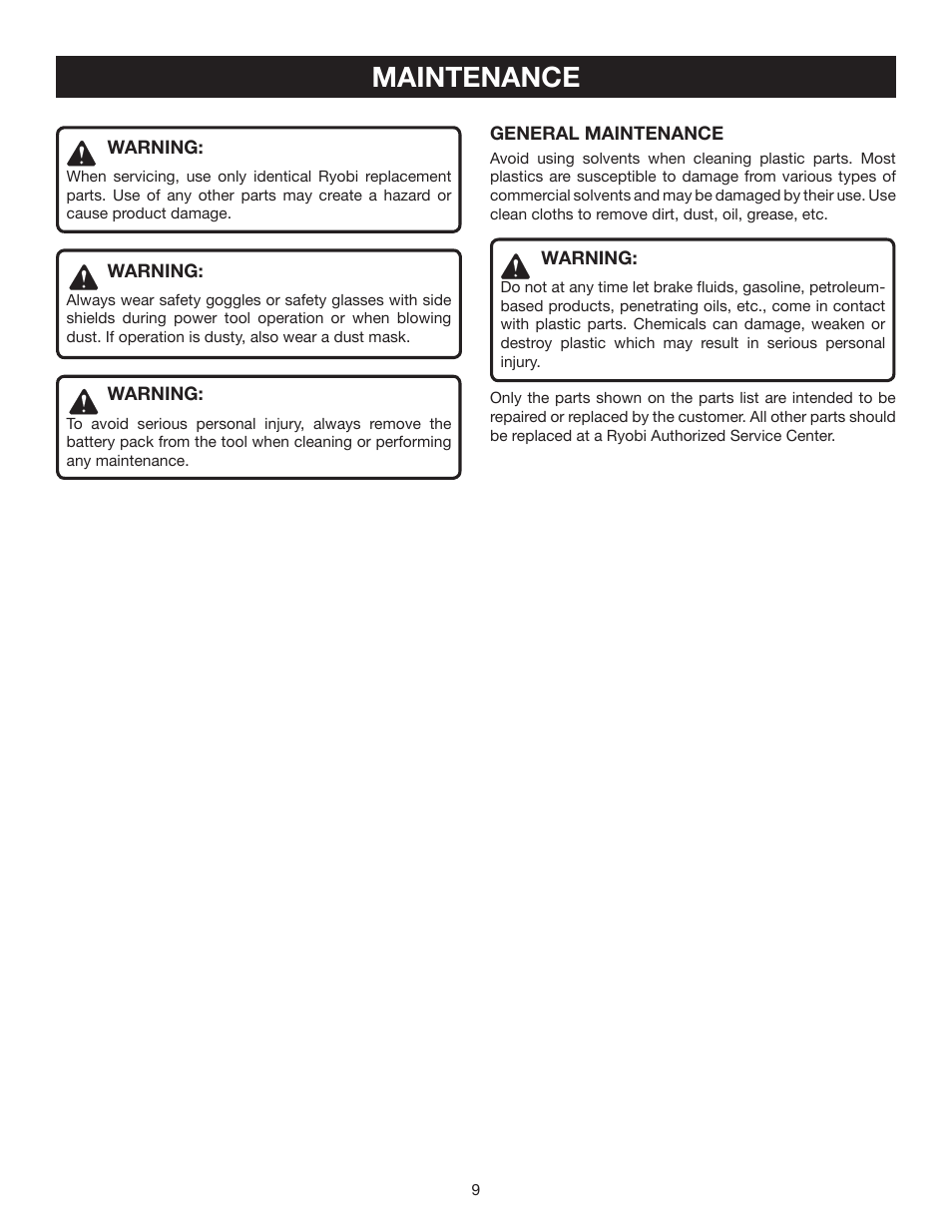 Maintenance | Ryobi P110 User Manual | Page 9 / 10