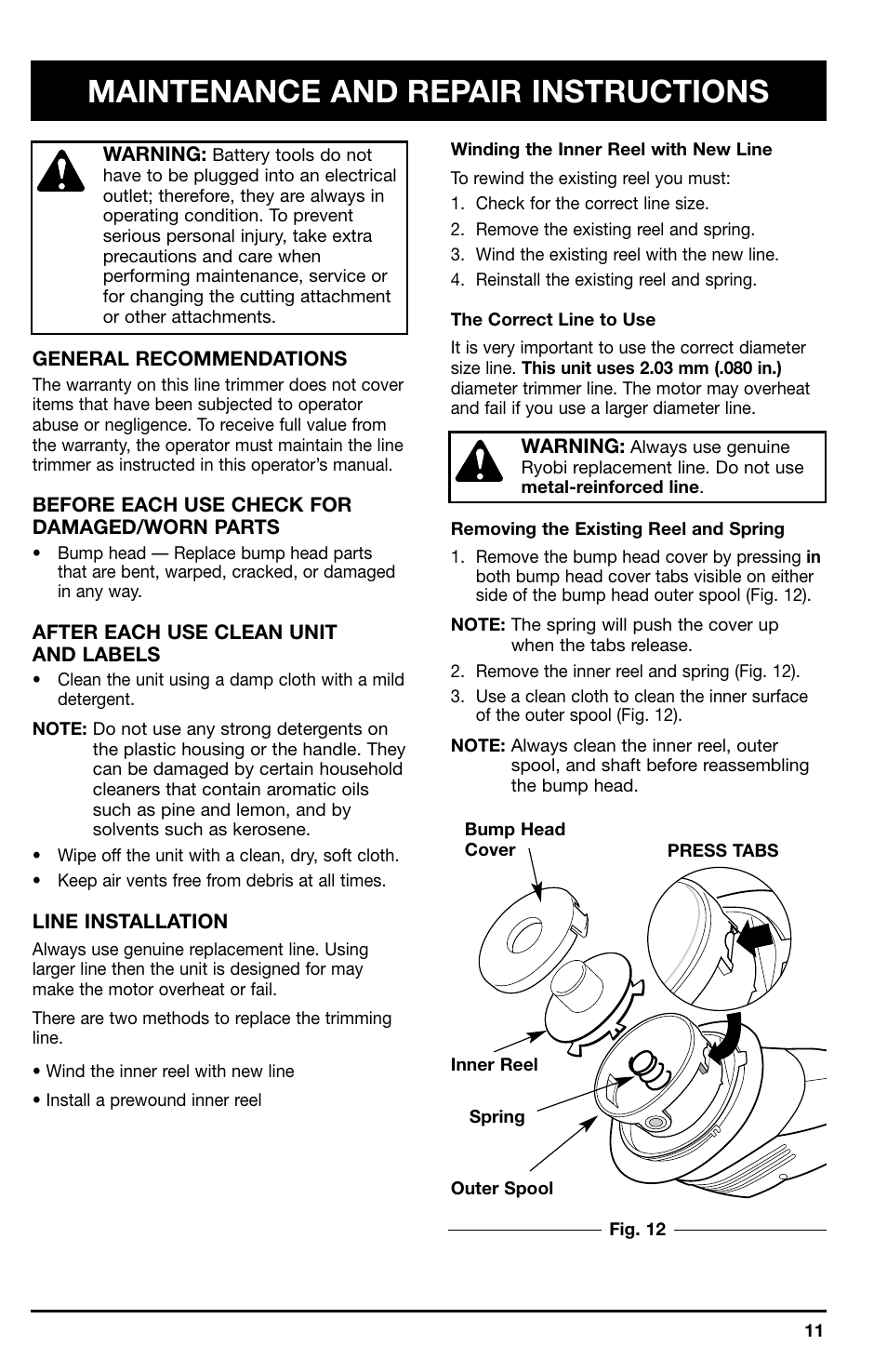 Maintenance and repair instructions | Ryobi 150r User Manual | Page 11 / 18