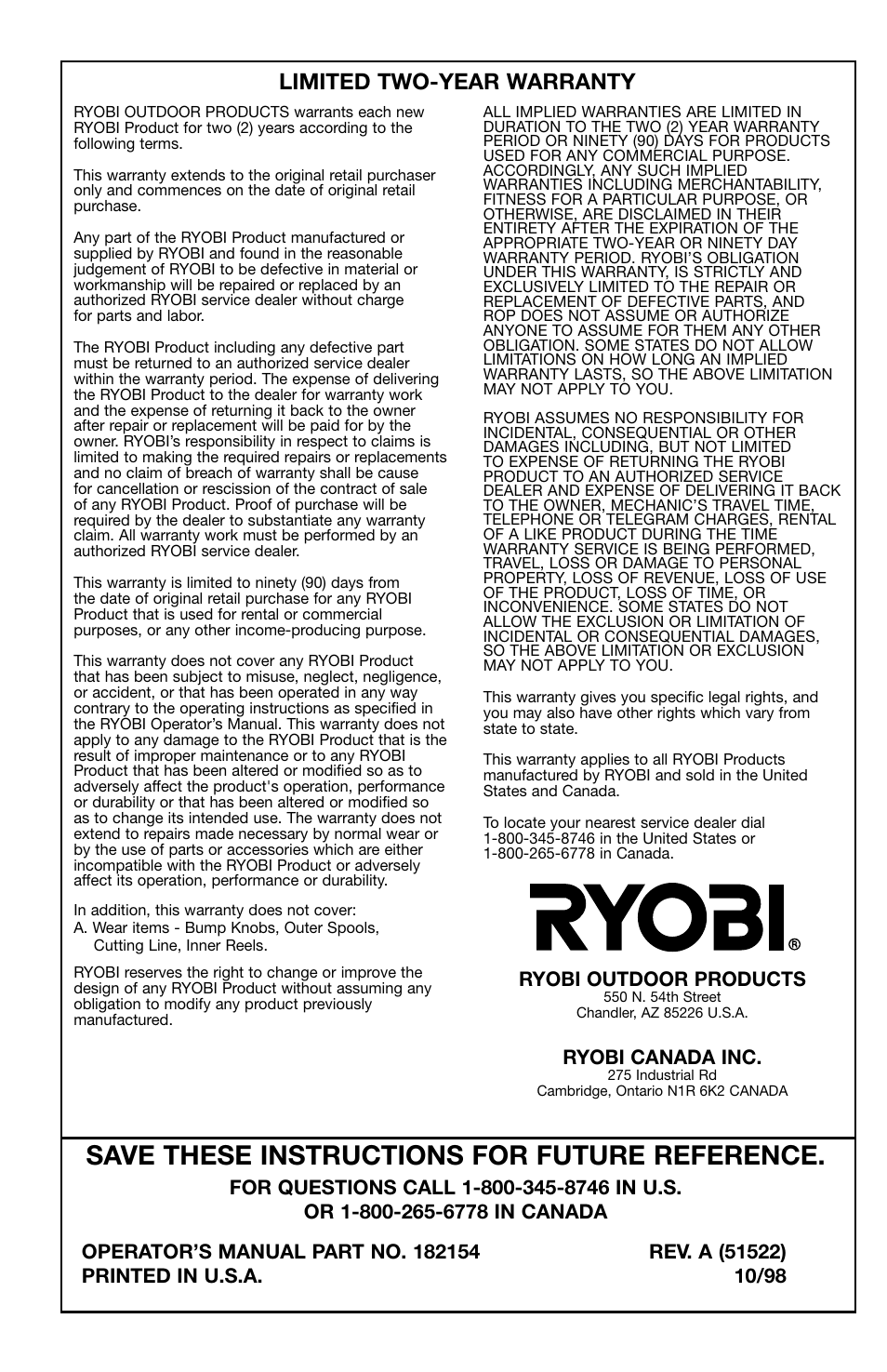 Save these instructions for future reference, Limited two-year warranty | Ryobi 150r User Manual | Page 18 / 18