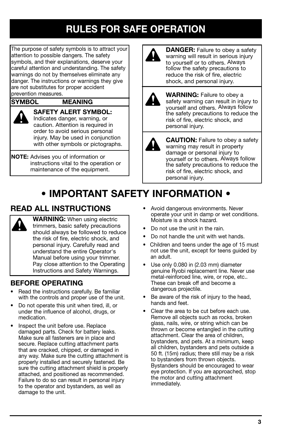 Rules for safe operation, Important safety information, Read all instructions | Before operating | Ryobi 150r User Manual | Page 3 / 18