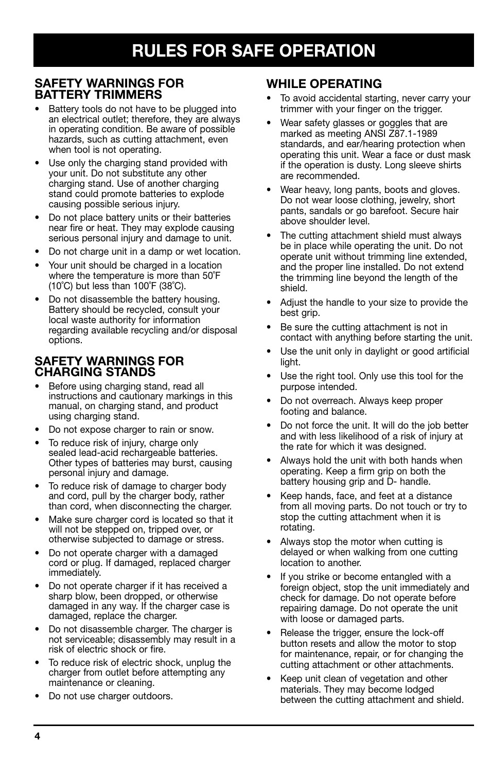 Rules for safe operation, Safety warnings for battery trimmers, Safety warnings for charging stands | While operating | Ryobi 150r User Manual | Page 4 / 18