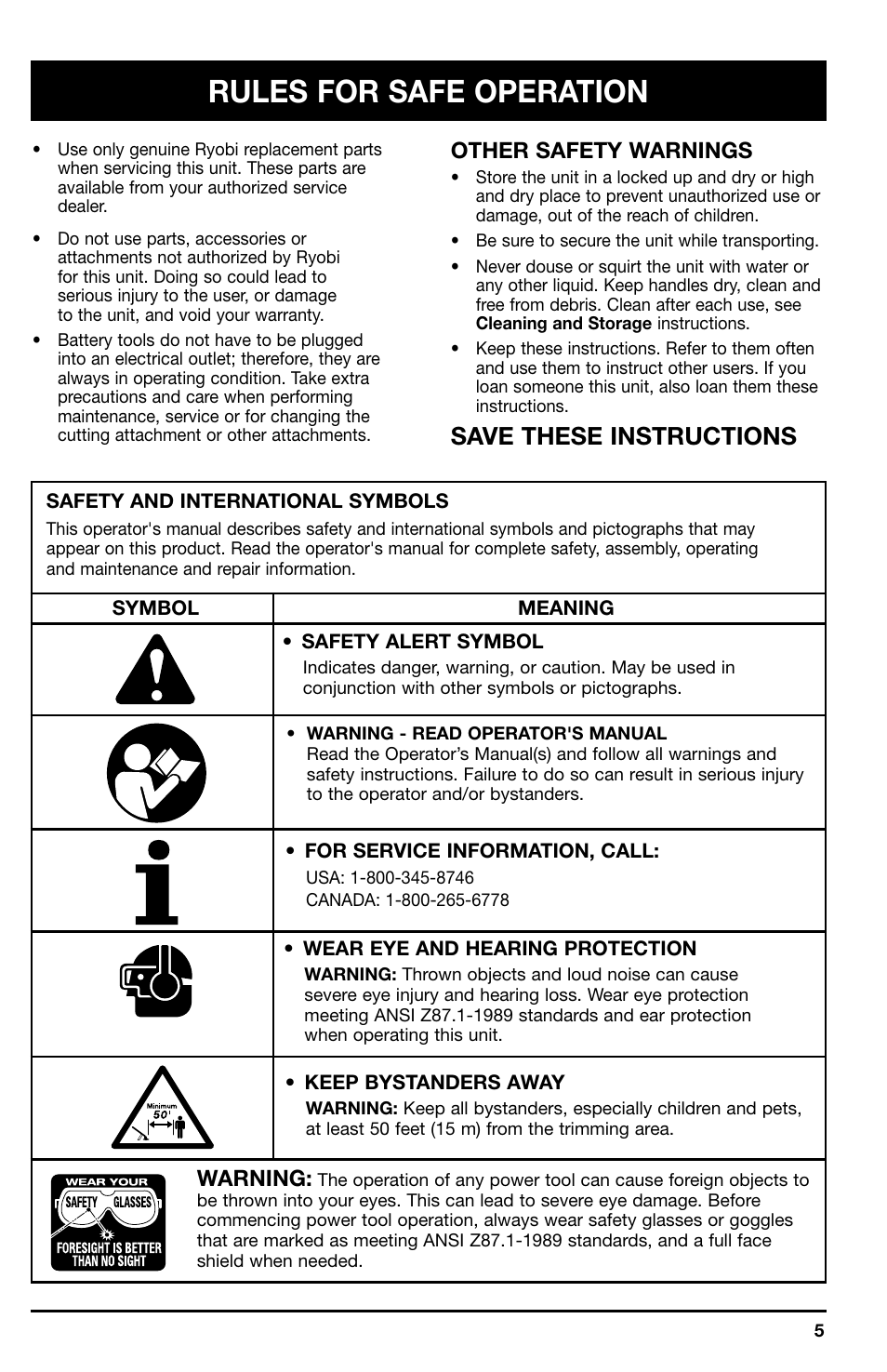 Rules for safe operation, Save these instructions, Other safety warnings | Warning | Ryobi 150r User Manual | Page 5 / 18