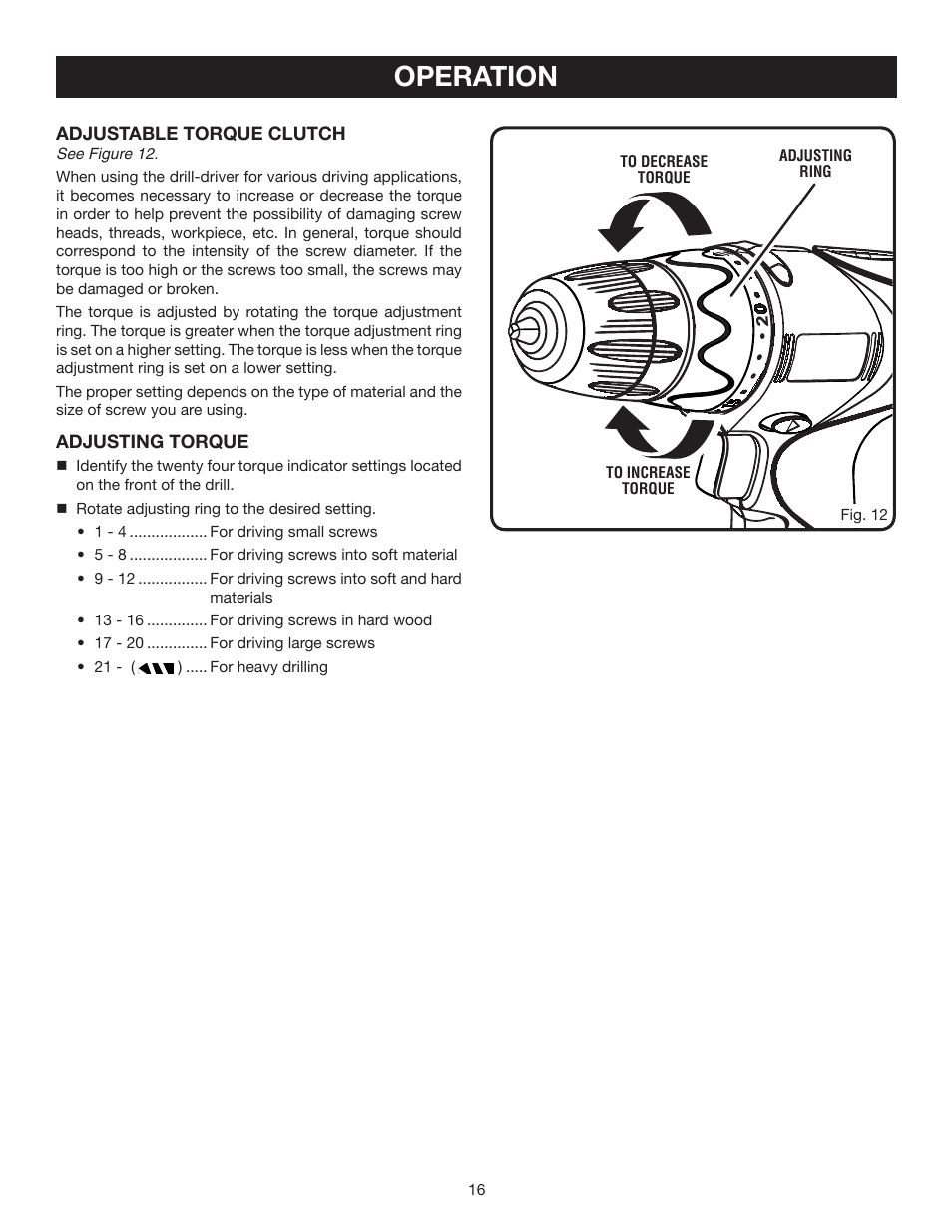Operation | Ryobi HP512K User Manual | Page 16 / 20