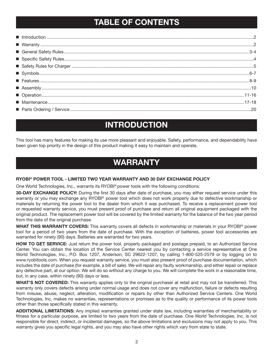Table of contents introduction, Warranty | Ryobi HP512K User Manual | Page 2 / 20