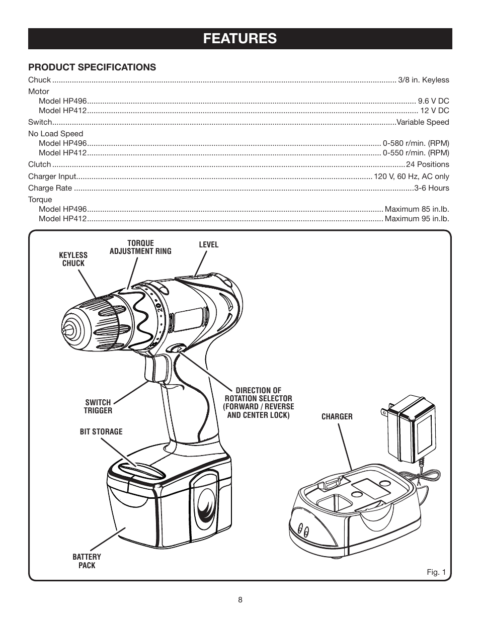 Features | Ryobi HP512K User Manual | Page 8 / 20