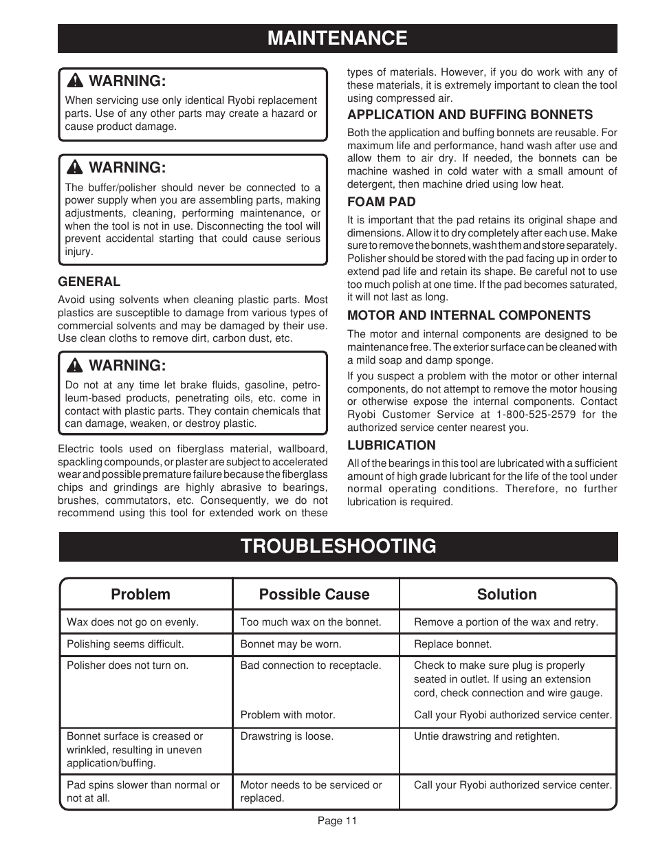 Maintenance, Troubleshooting, Warning | Problem possible cause solution | Ryobi RB101 User Manual | Page 11 / 12