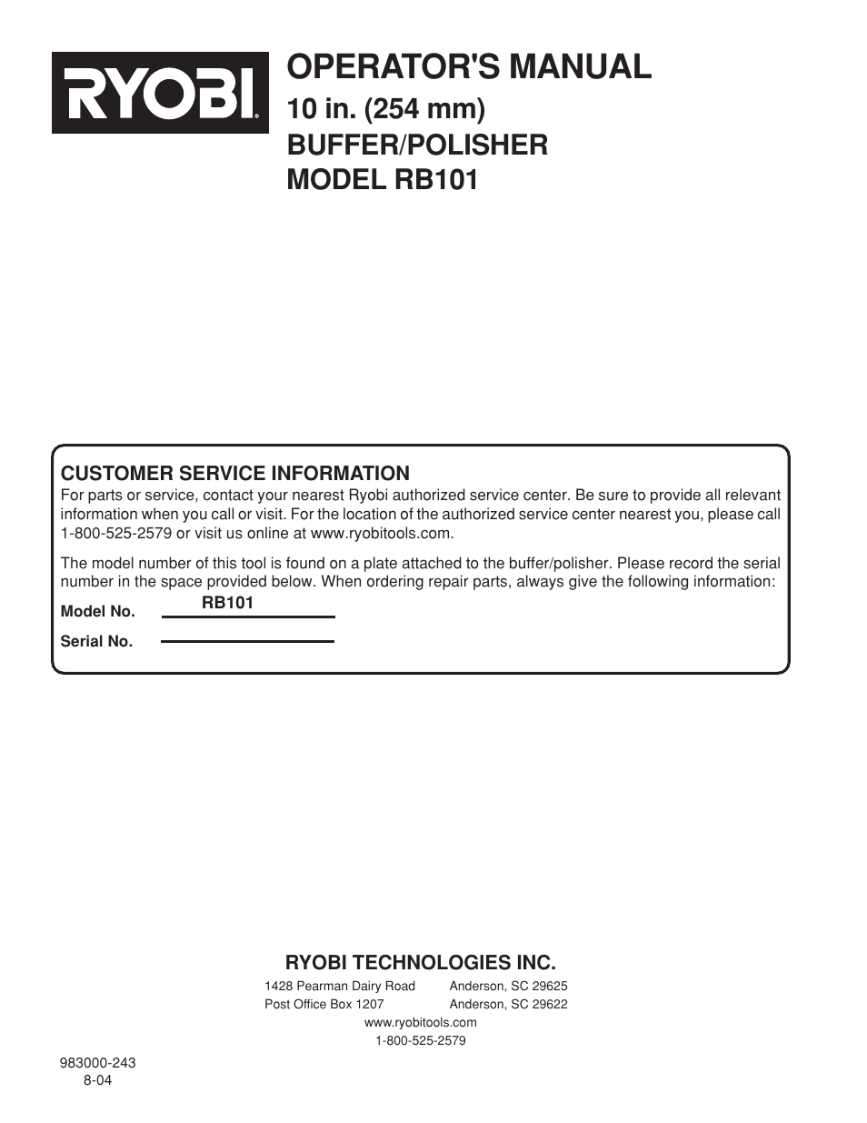 Operator's manual | Ryobi RB101 User Manual | Page 12 / 12