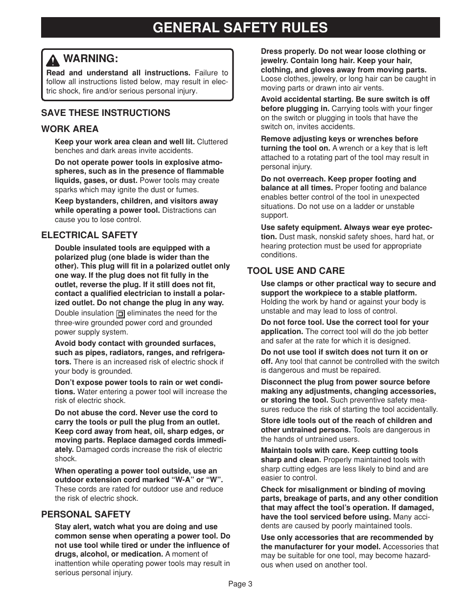 General safety rules, Warning | Ryobi RB101 User Manual | Page 3 / 12