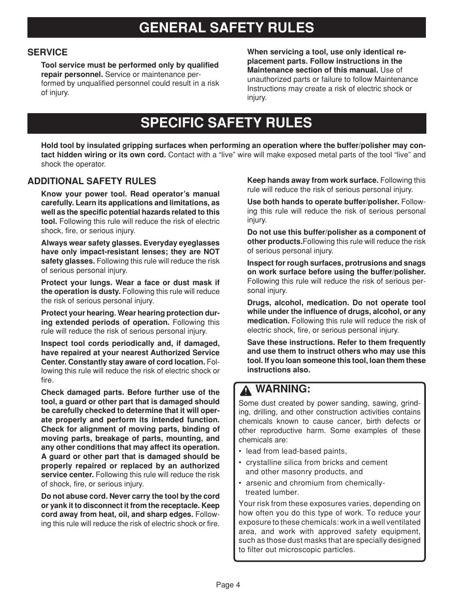 Specific safety rules, General safety rules, Warning | Ryobi RB101 User Manual | Page 4 / 12