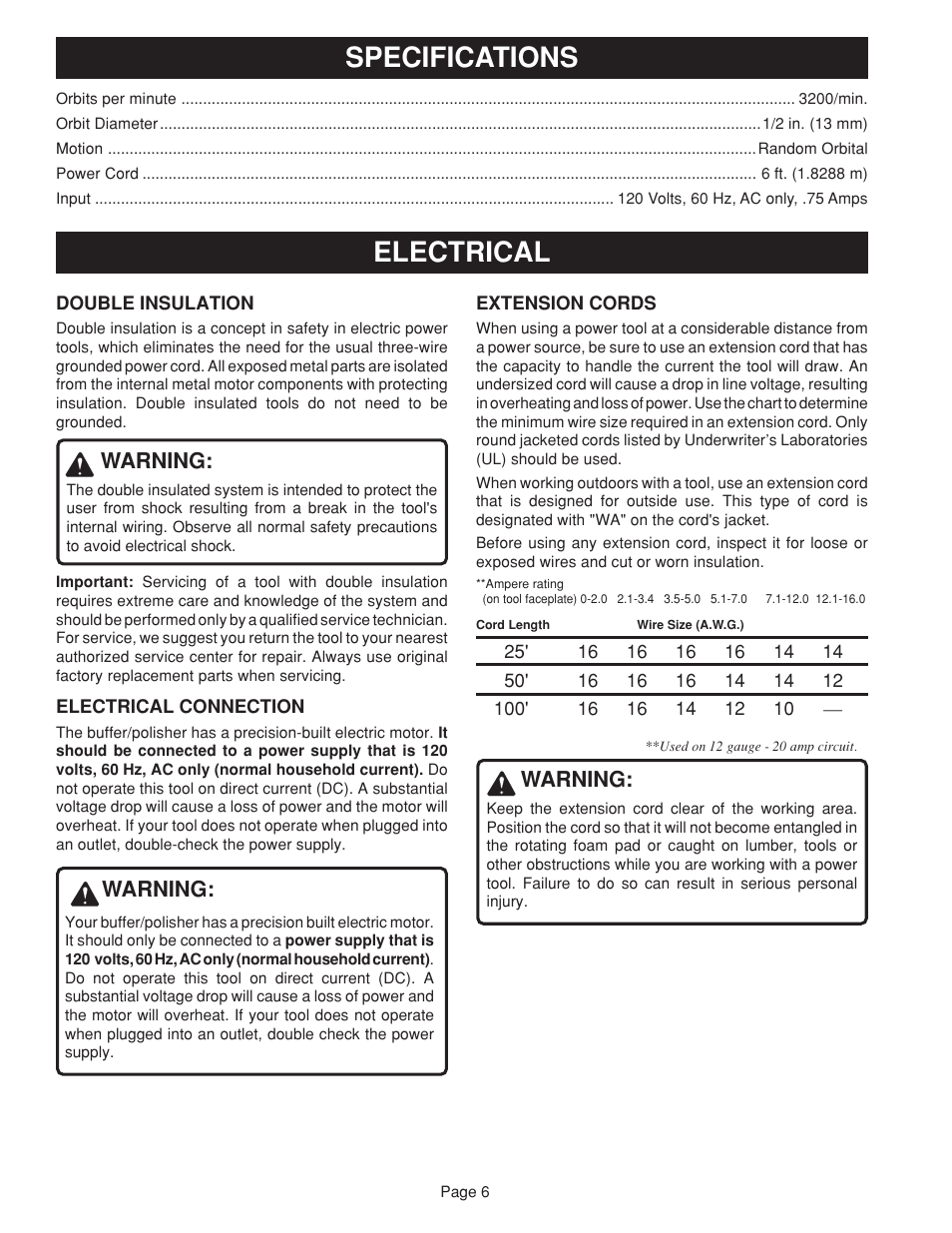 Specifications electrical, Warning | Ryobi RB101 User Manual | Page 6 / 12