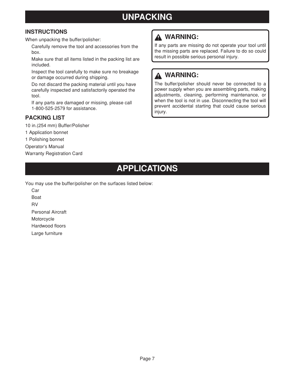 Unpacking, Applications, Warning | Ryobi RB101 User Manual | Page 7 / 12