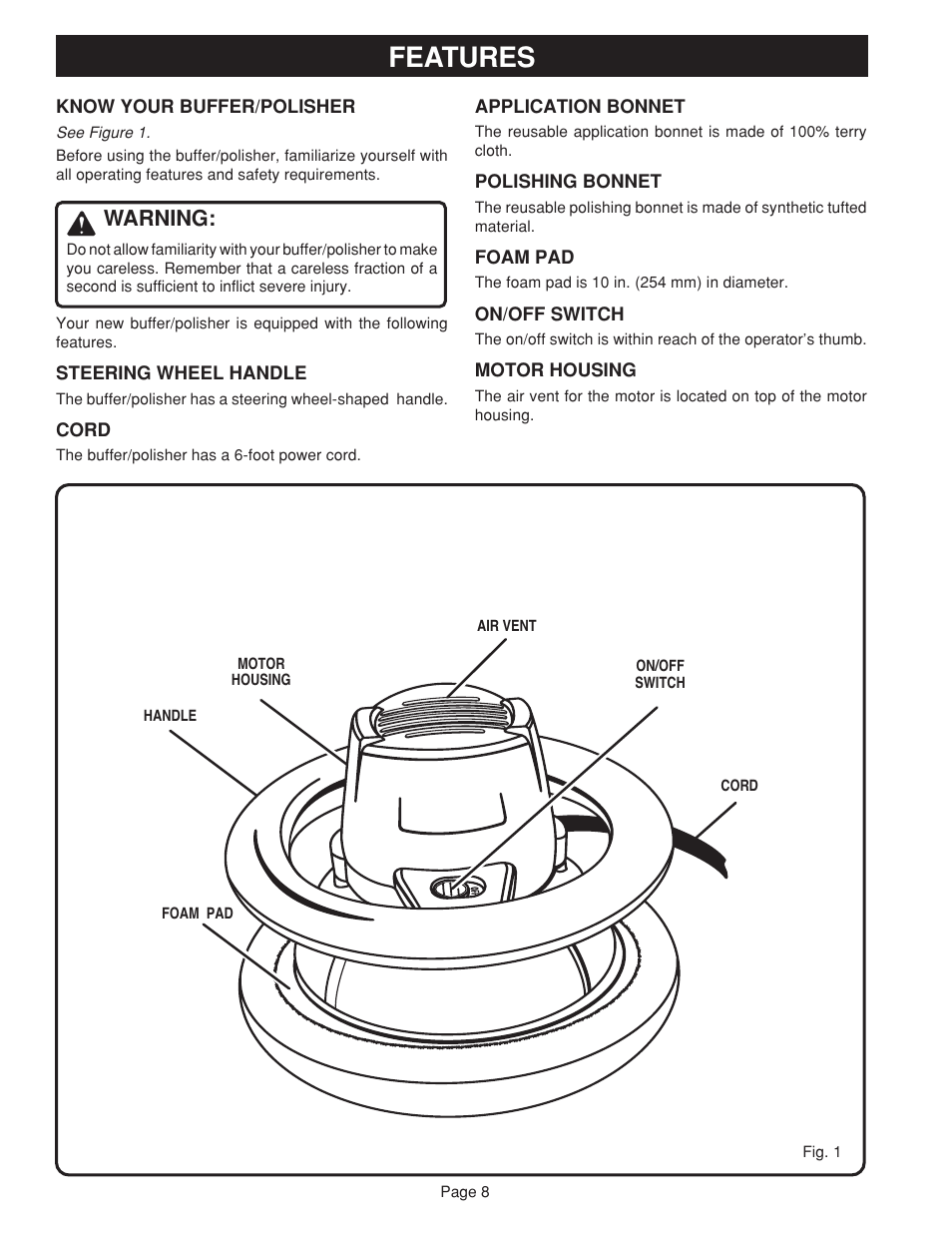 Features, Warning | Ryobi RB101 User Manual | Page 8 / 12