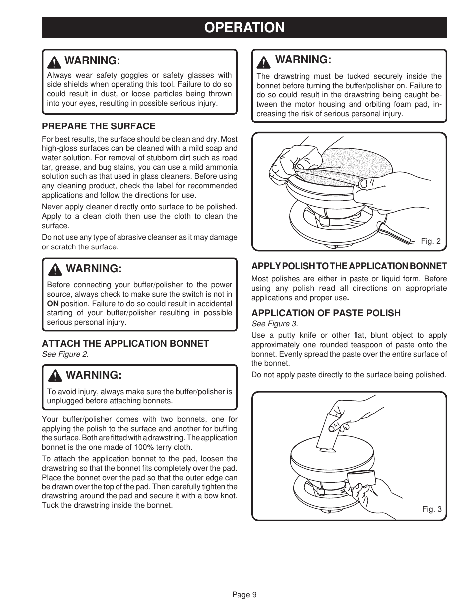 Operation, Warning | Ryobi RB101 User Manual | Page 9 / 12