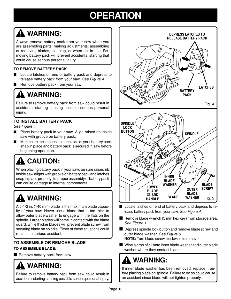 Operation, Warning, Caution | Ryobi R10630 User Manual | Page 10 / 22