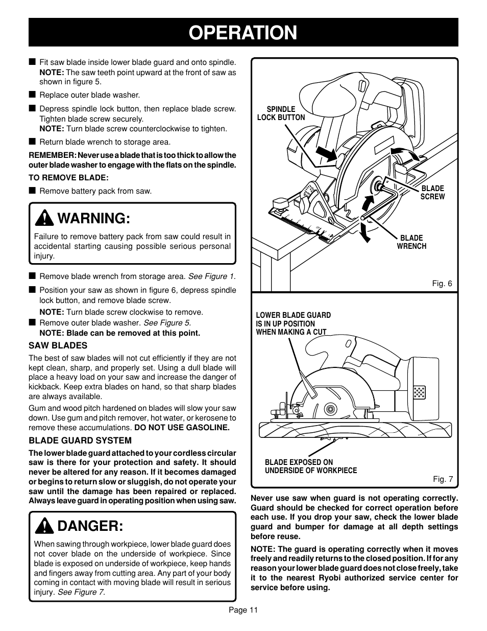 Operation, Warning, Danger | Ryobi R10630 User Manual | Page 11 / 22