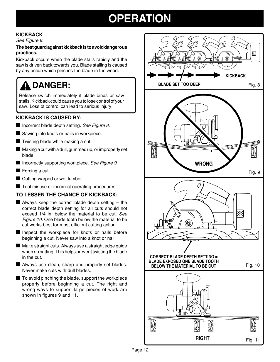 Operation, Danger, Right | Wrong | Ryobi R10630 User Manual | Page 12 / 22