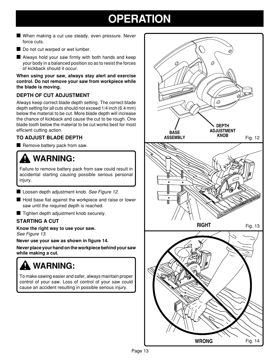 Operation, Warning, Right wrong | Depth of cut adjustment, Starting a cut | Ryobi R10630 User Manual | Page 13 / 22