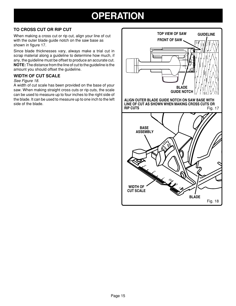 Operation, Width of cut scale | Ryobi R10630 User Manual | Page 15 / 22