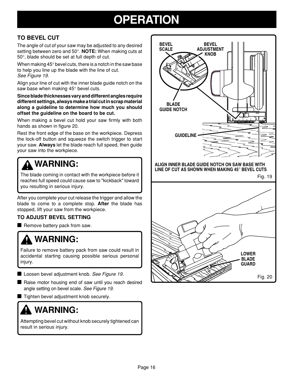 Operation, Warning | Ryobi R10630 User Manual | Page 16 / 22