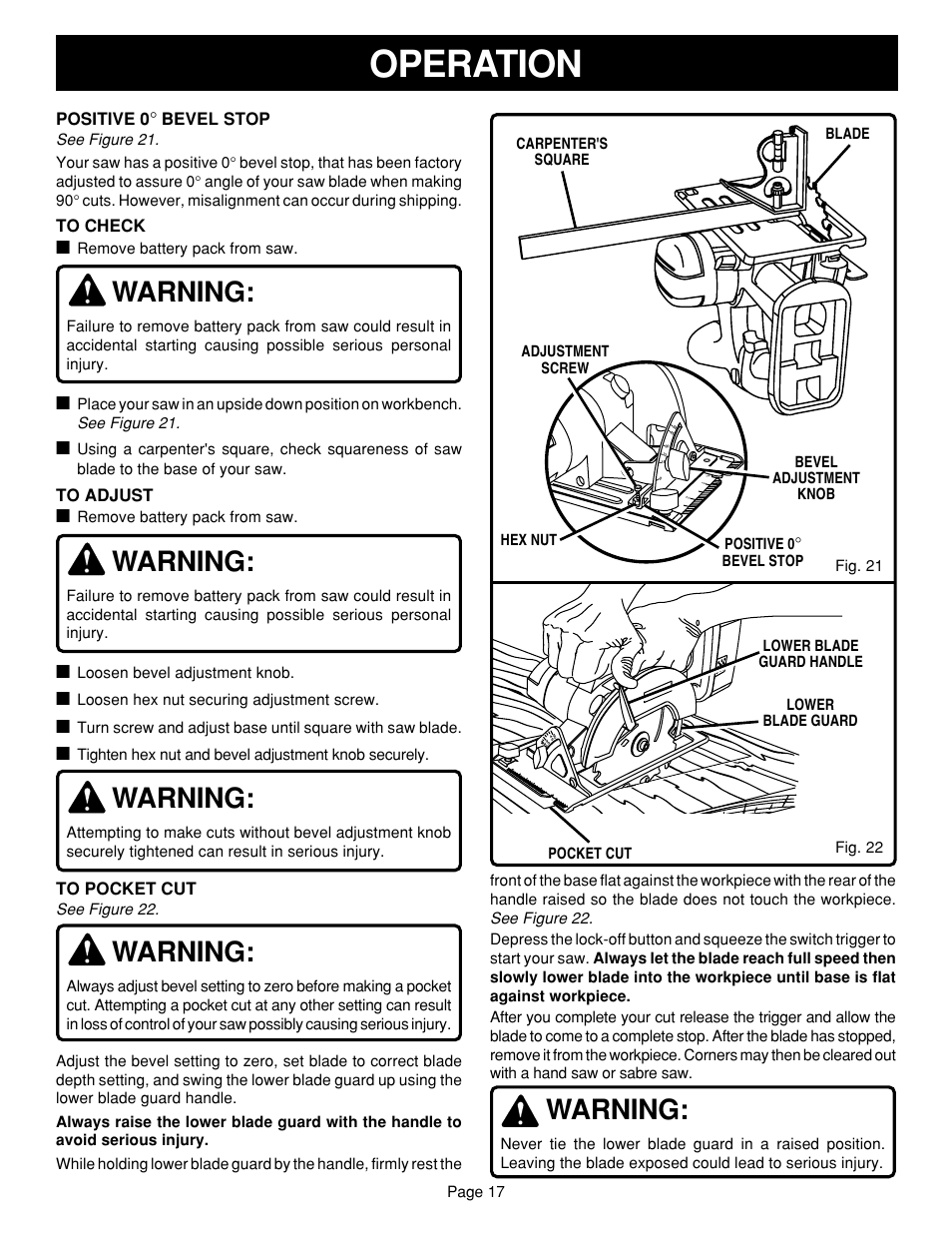 Operation, Warning | Ryobi R10630 User Manual | Page 17 / 22