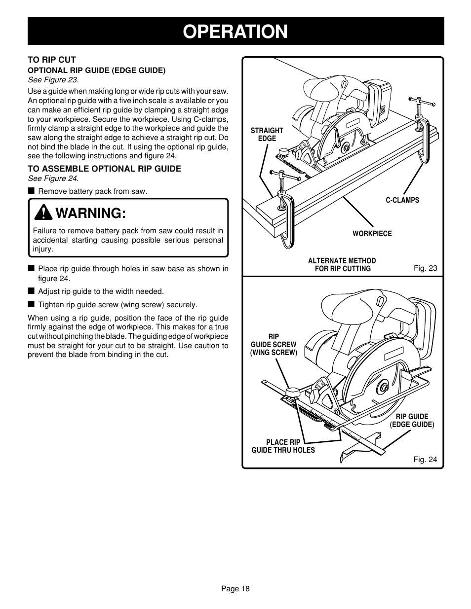 Operation, Warning | Ryobi R10630 User Manual | Page 18 / 22