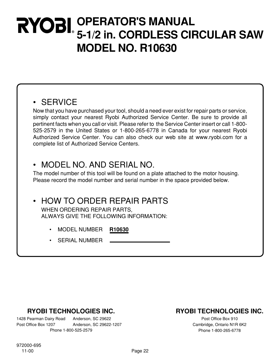 Service, Model no. and serial no, How to order repair parts | Ryobi R10630 User Manual | Page 22 / 22