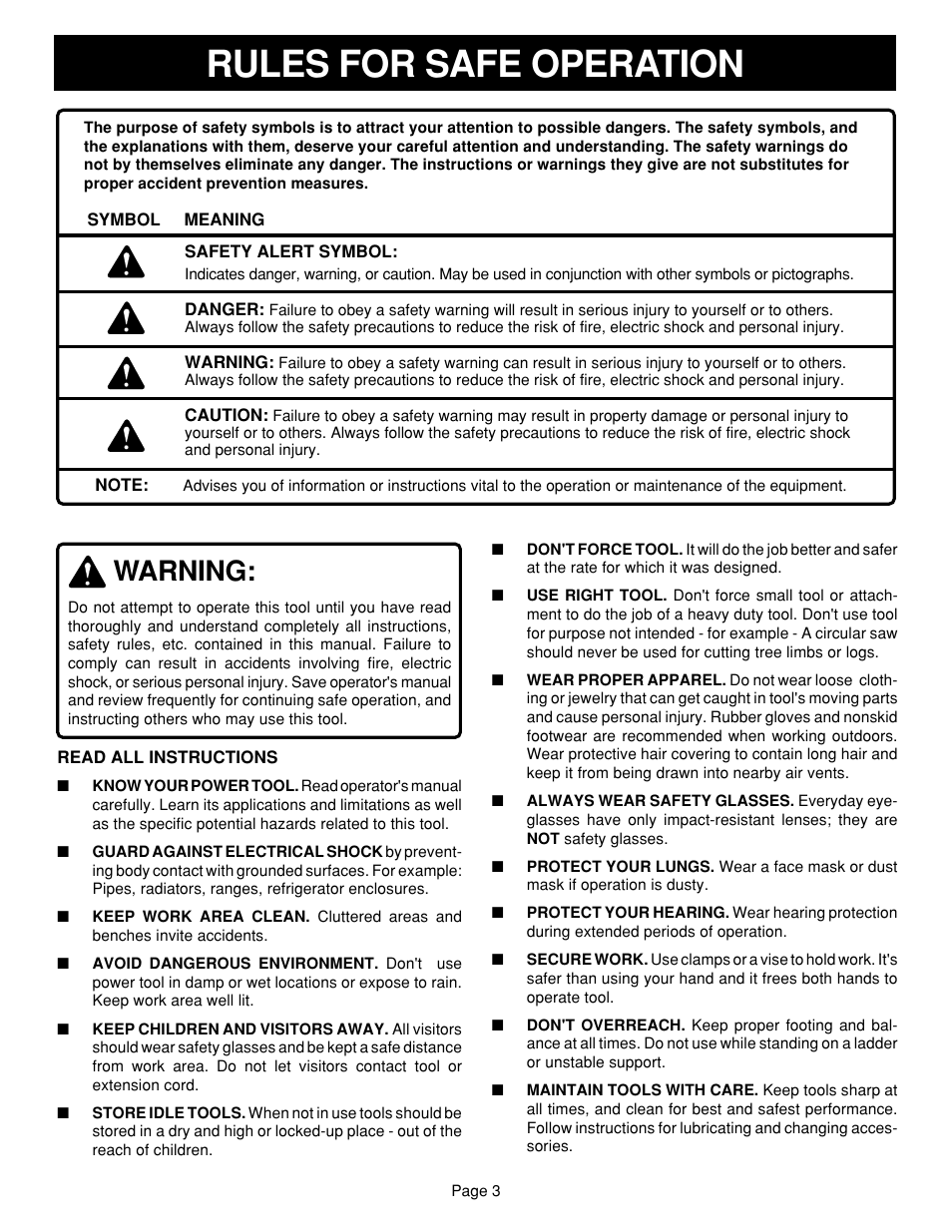 Rules for safe operation, Warning | Ryobi R10630 User Manual | Page 3 / 22
