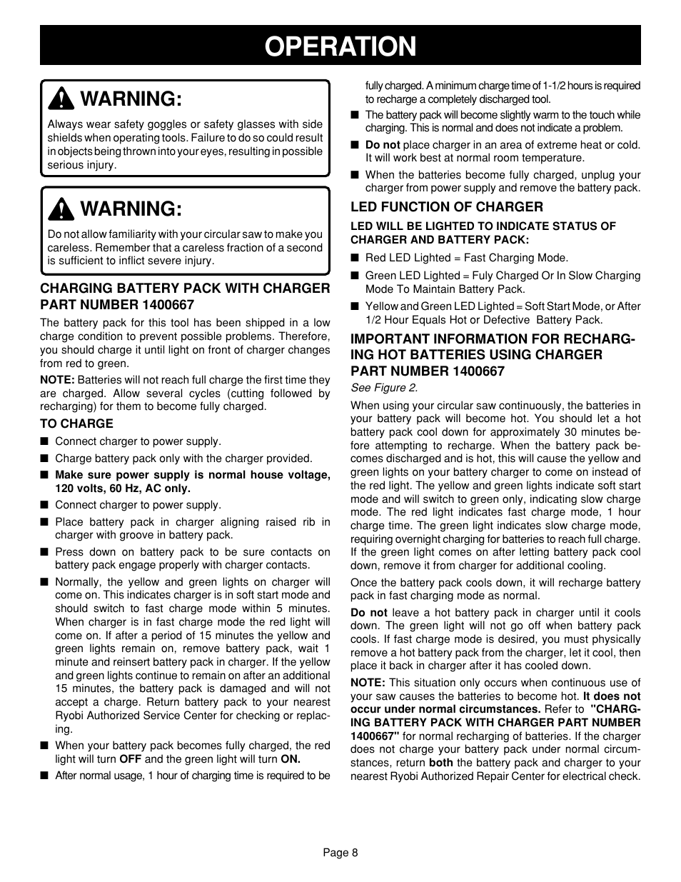 Operation, Warning | Ryobi R10630 User Manual | Page 8 / 22