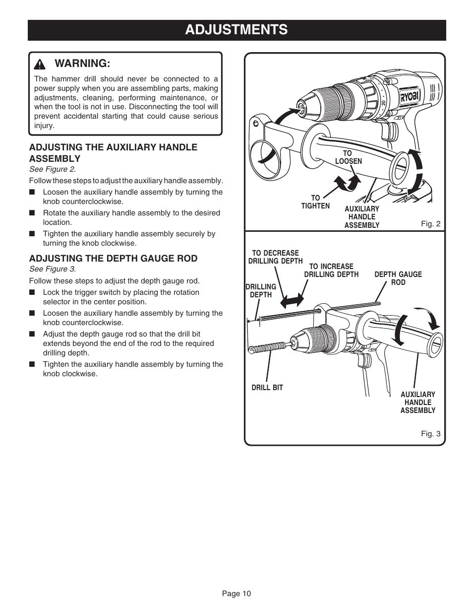 Adjustments, Warning | Ryobi HP1830M User Manual | Page 10 / 20