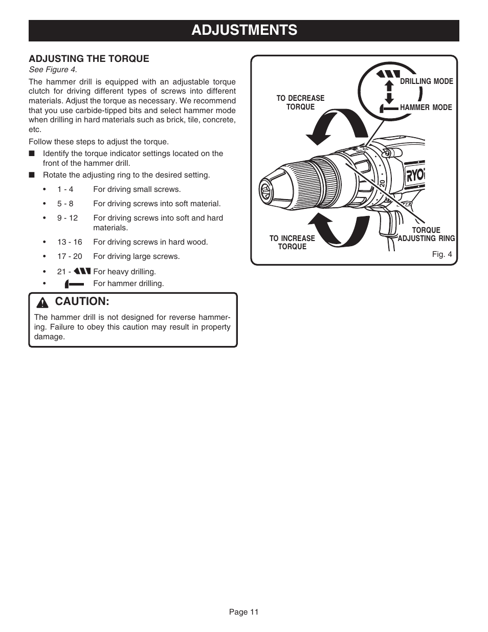 Adjustments, Caution | Ryobi HP1830M User Manual | Page 11 / 20