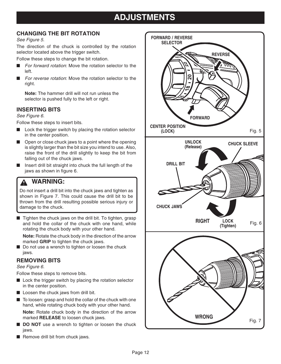 Adjustments, Warning | Ryobi HP1830M User Manual | Page 12 / 20