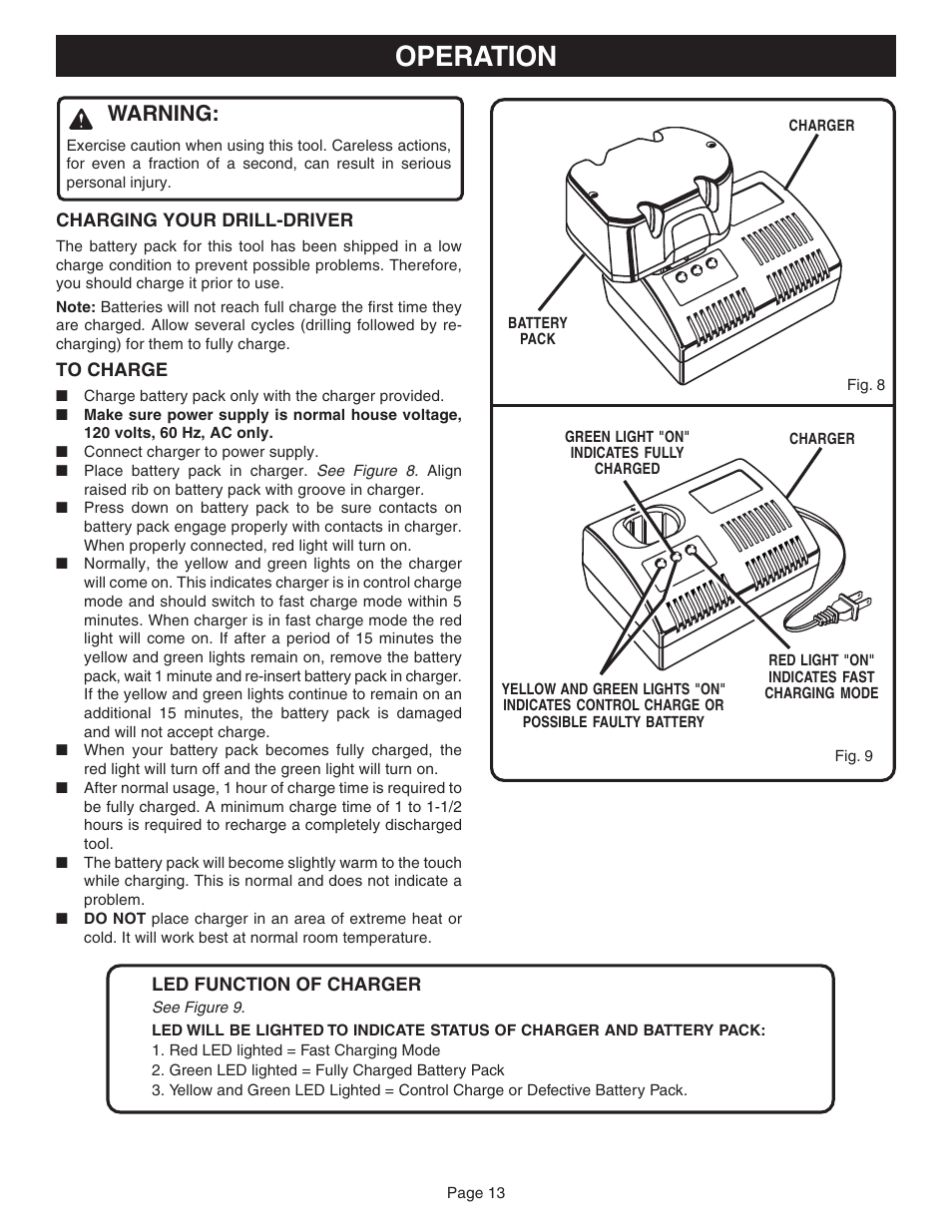 Operation, Warning | Ryobi HP1830M User Manual | Page 13 / 20