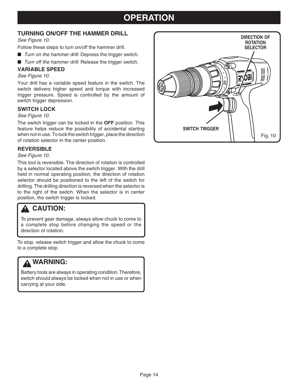 Operation, Caution, Warning | Ryobi HP1830M User Manual | Page 14 / 20