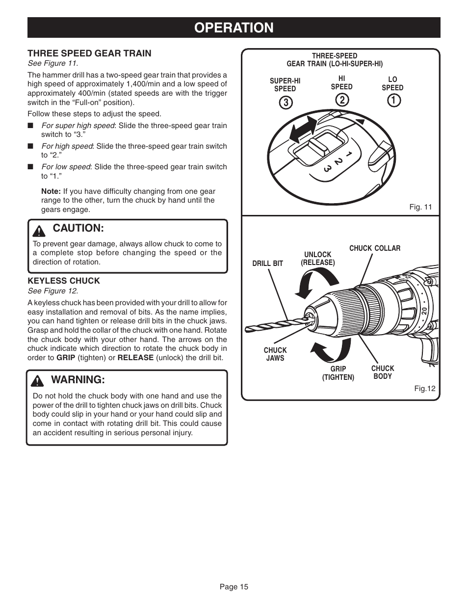 Operation, Caution, Warning | Ryobi HP1830M User Manual | Page 15 / 20