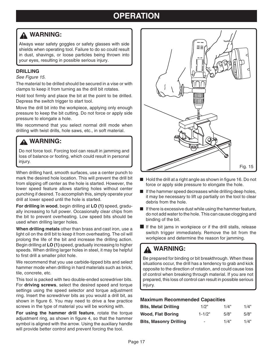 Operation, Warning | Ryobi HP1830M User Manual | Page 17 / 20