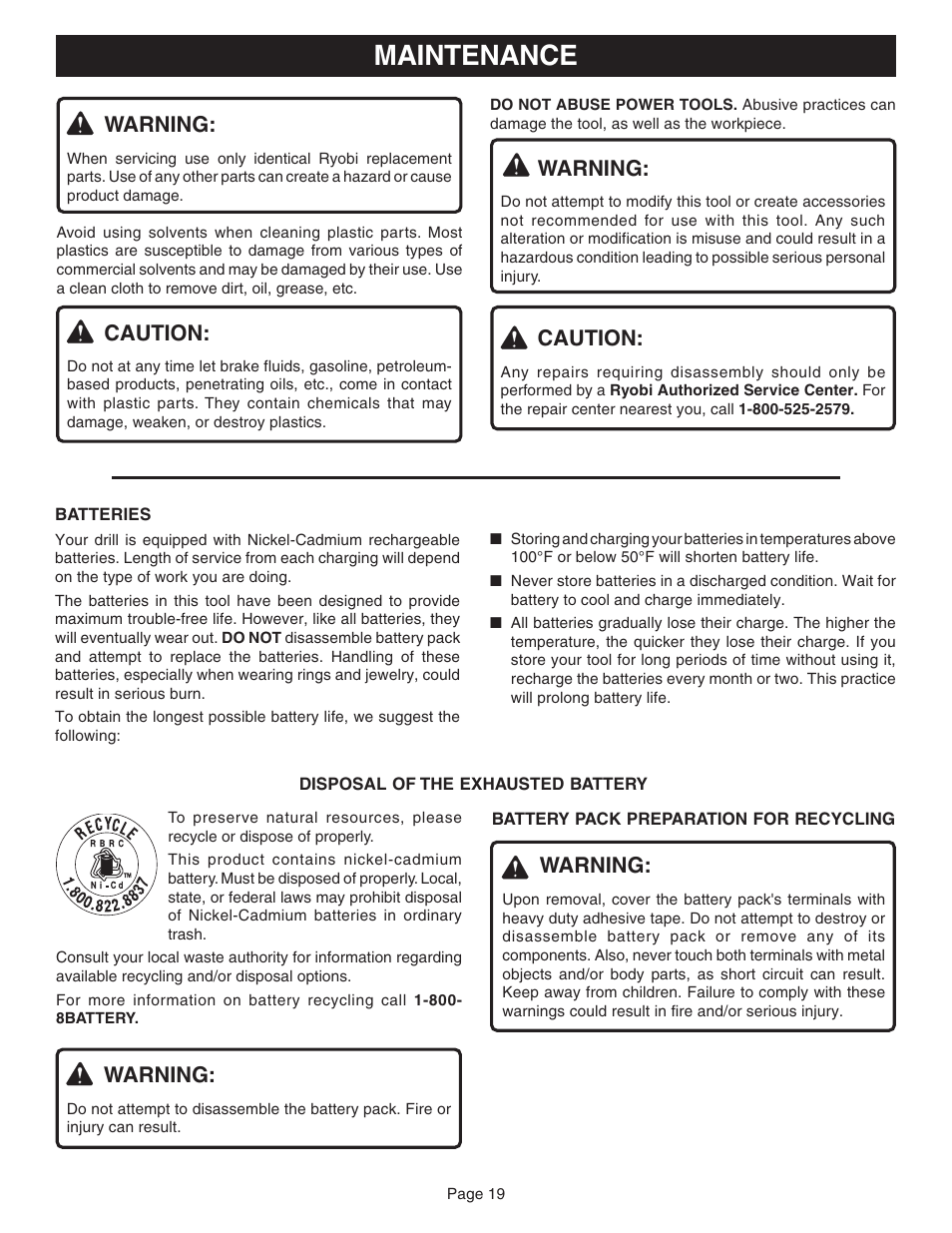 Maintenance, Warning, Caution | Ryobi HP1830M User Manual | Page 19 / 20