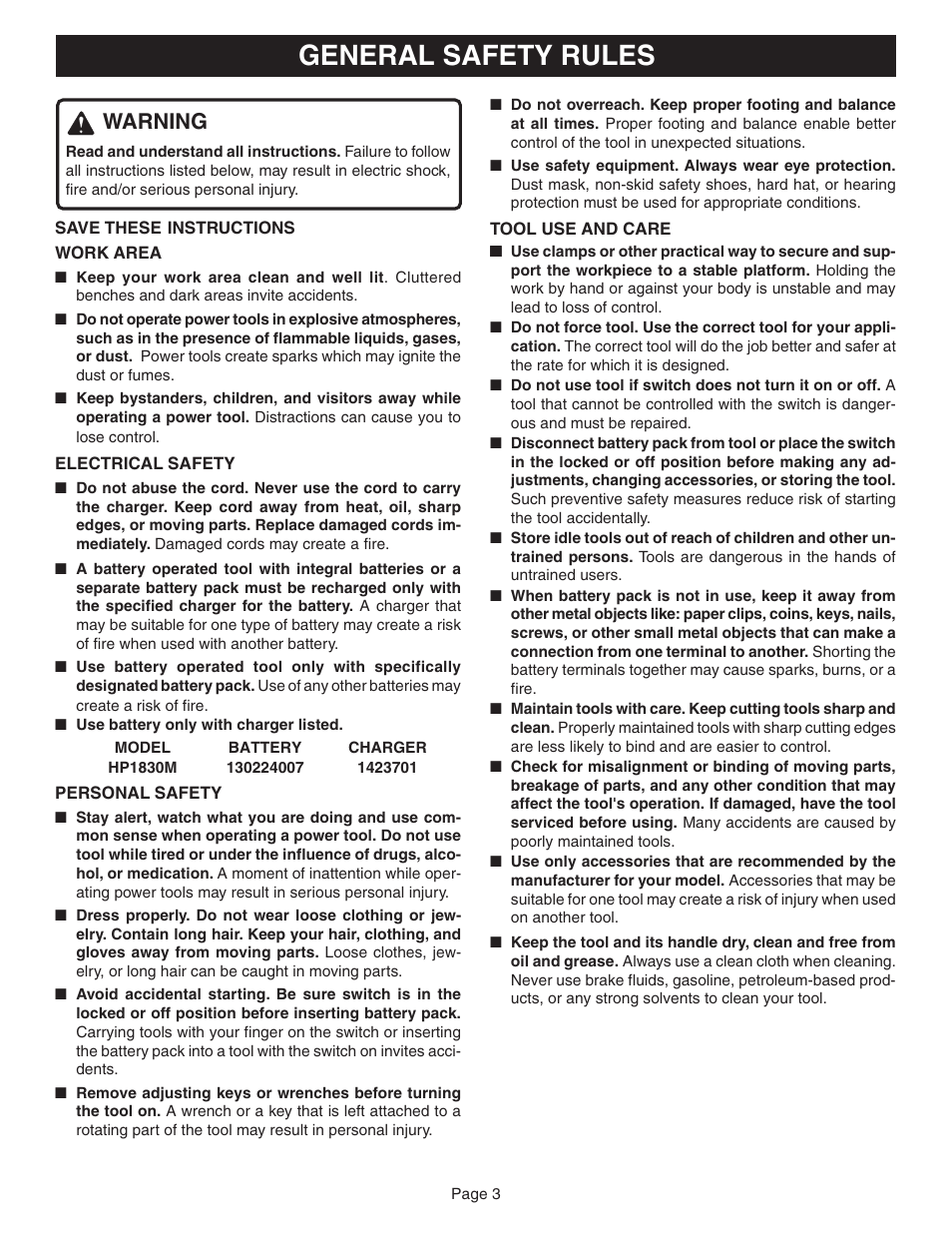 General safety rules, Warning | Ryobi HP1830M User Manual | Page 3 / 20