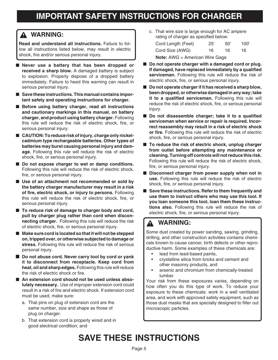 Save these instructions, Important safety instructions for charger, Warning | Ryobi HP1830M User Manual | Page 5 / 20