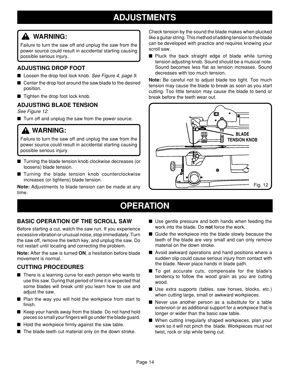 Adjustments, Operation, Warning | Ryobi SC180VS User Manual | Page 14 / 20