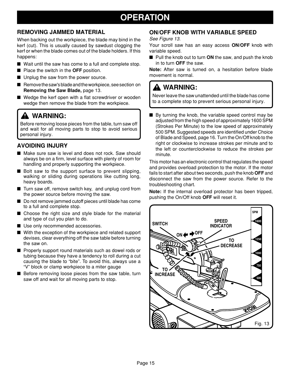 Operation, Warning, Removing jammed material | Avoiding injury, On/off knob with variable speed | Ryobi SC180VS User Manual | Page 15 / 20