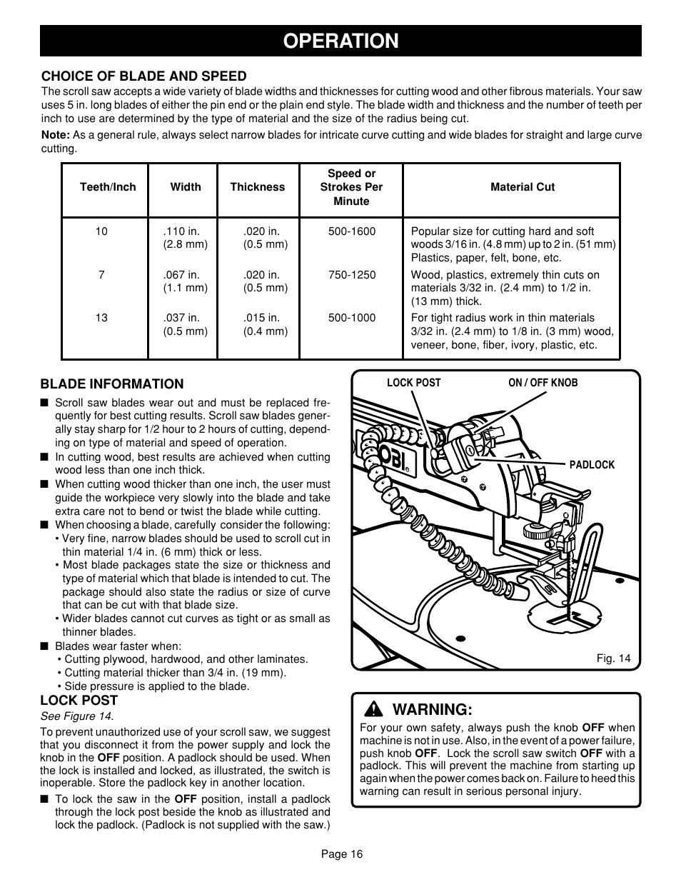 Operation, Warning | Ryobi SC180VS User Manual | Page 16 / 20