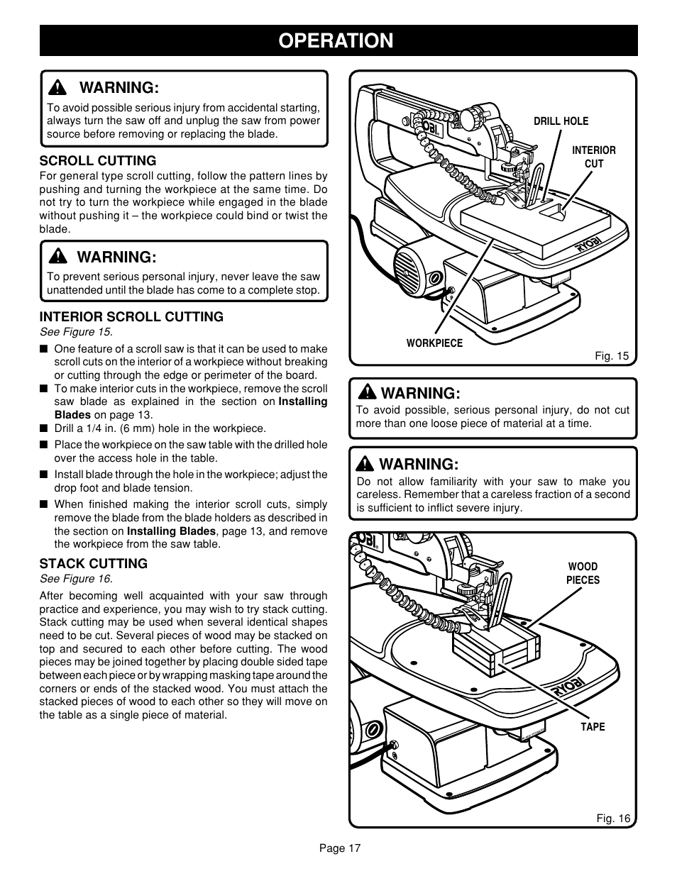 Operation, Warning, Scroll cutting | Interior scroll cutting, Stack cutting | Ryobi SC180VS User Manual | Page 17 / 20