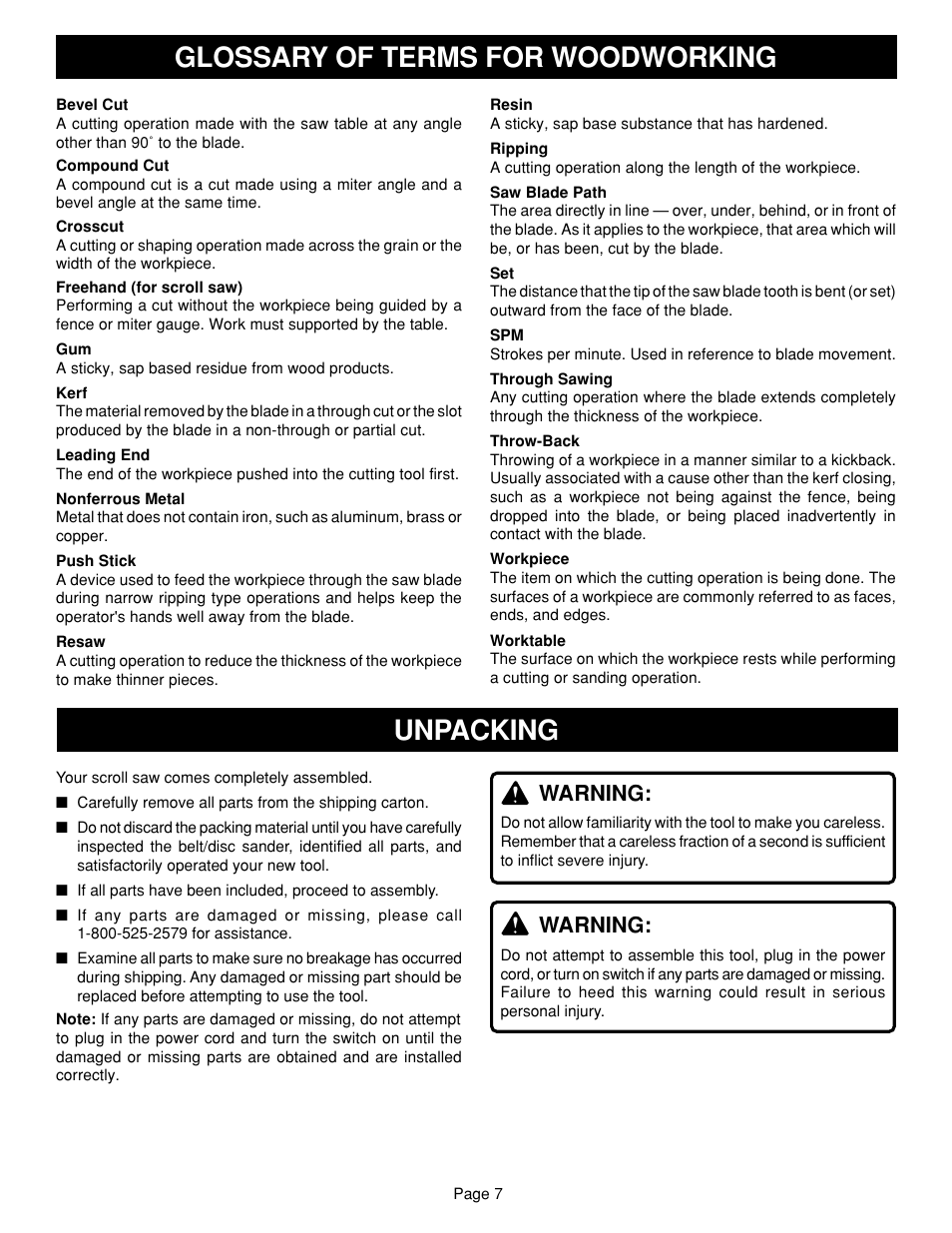 Glossary of terms for woodworking, Unpacking, Warning | Ryobi SC180VS User Manual | Page 7 / 20