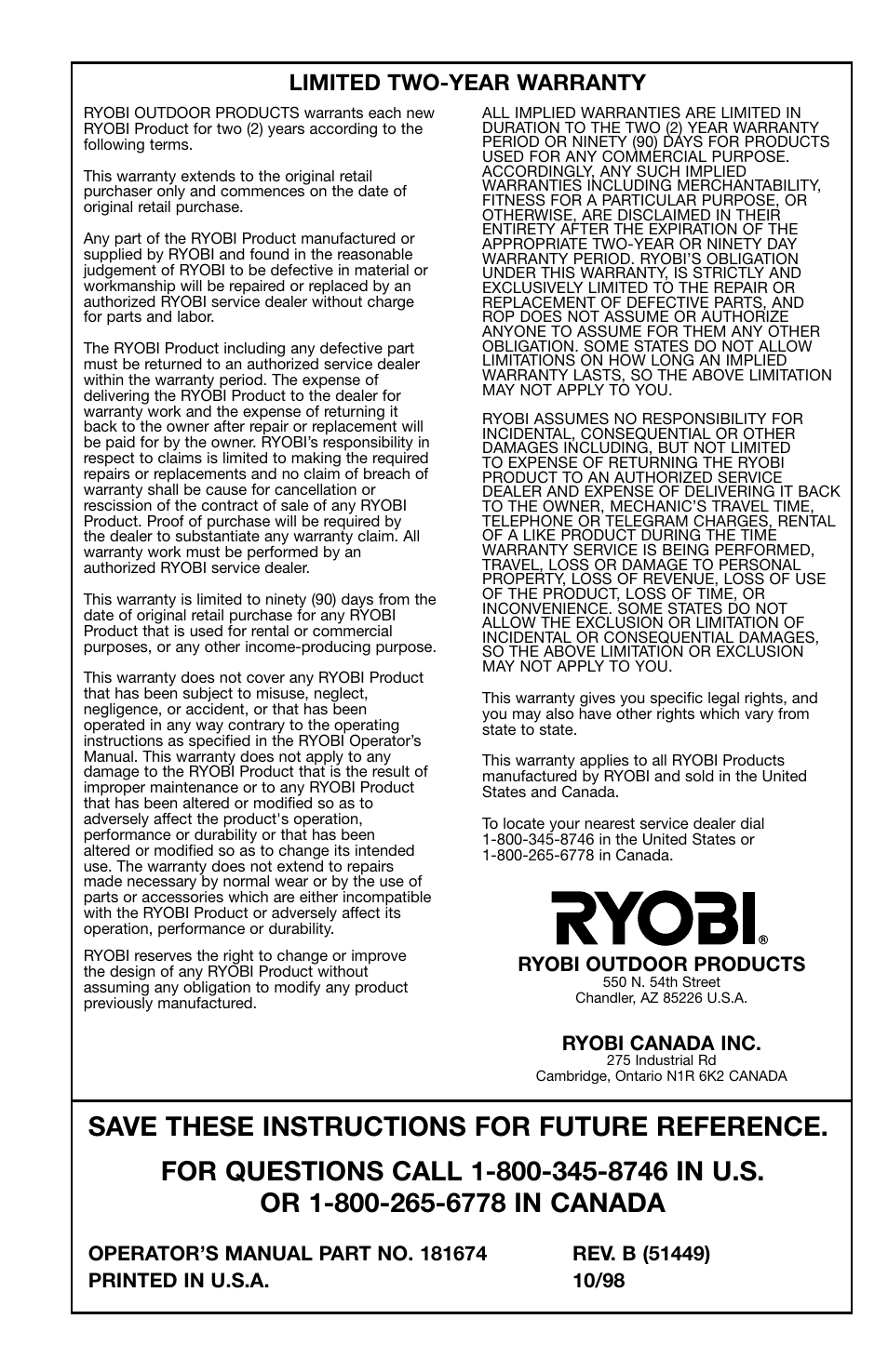 Limited two-year warranty | Ryobi 105r User Manual | Page 16 / 16