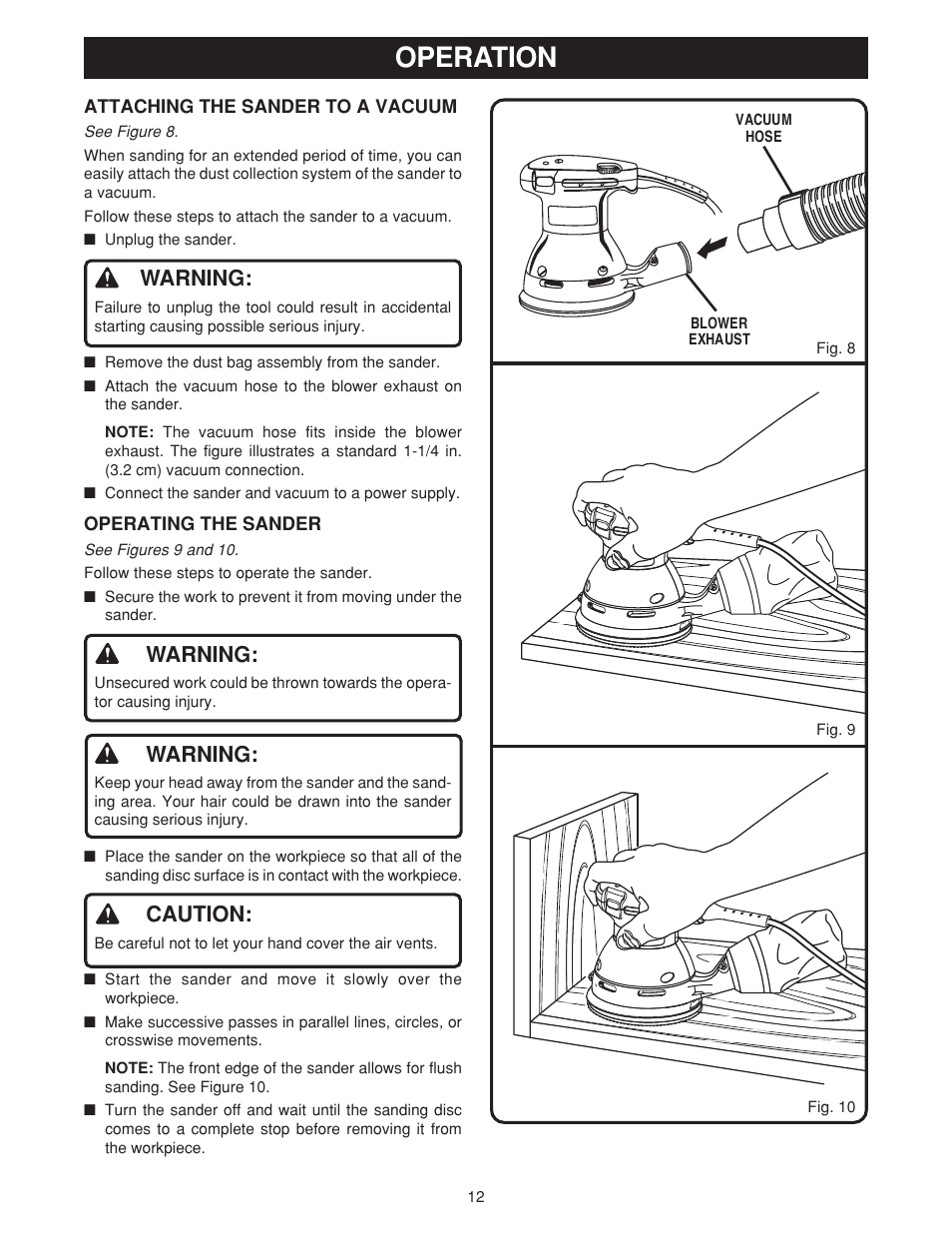 Operation, Warning, Caution | Ryobi RS280VS User Manual | Page 12 / 14